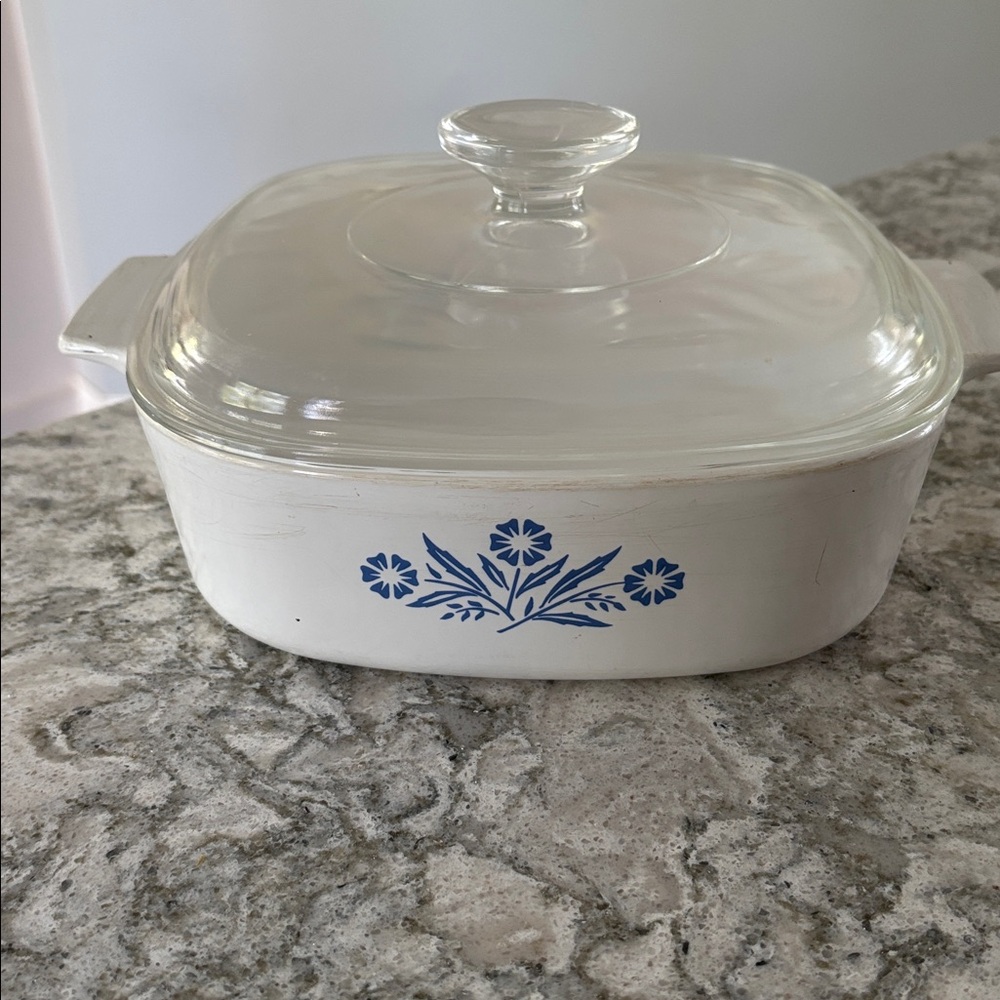 White Glass Baking Dish with Blue Floral Design